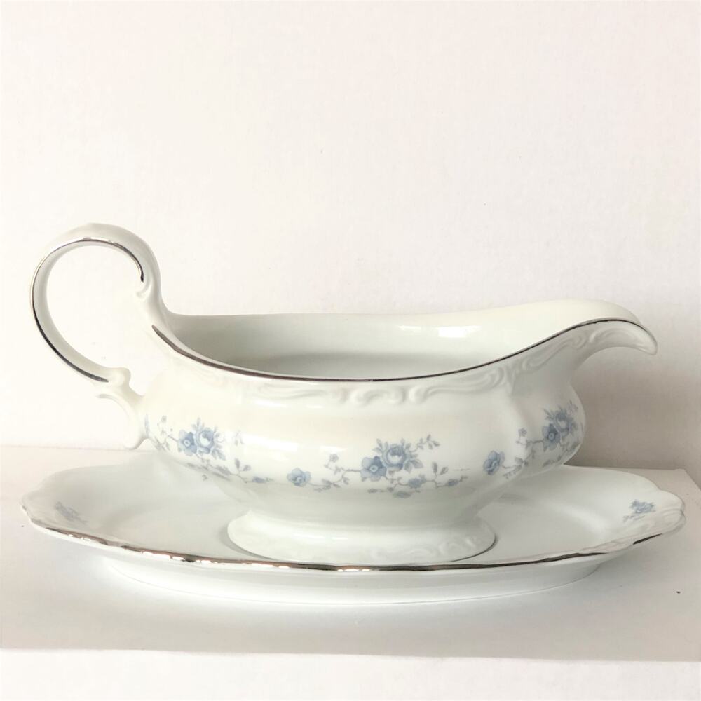 Johann Haviland Gravy Boat With Tray Blue Garland Floral Blue Silver Germany